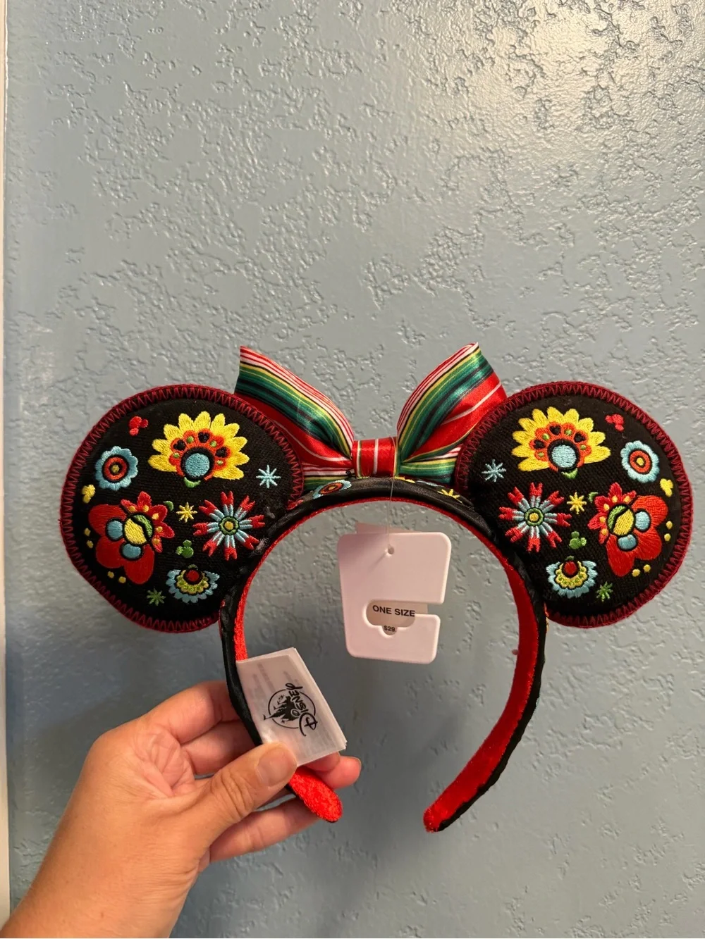 Disney Girls Black Floral Embroidered Minnie Ear Headband with Red Striped Bow